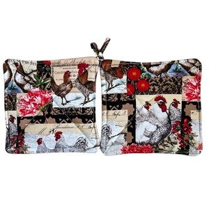 Hand Crafted Farmhouse Red Roosters Potholders Set Fabric Hot Mats Trivet